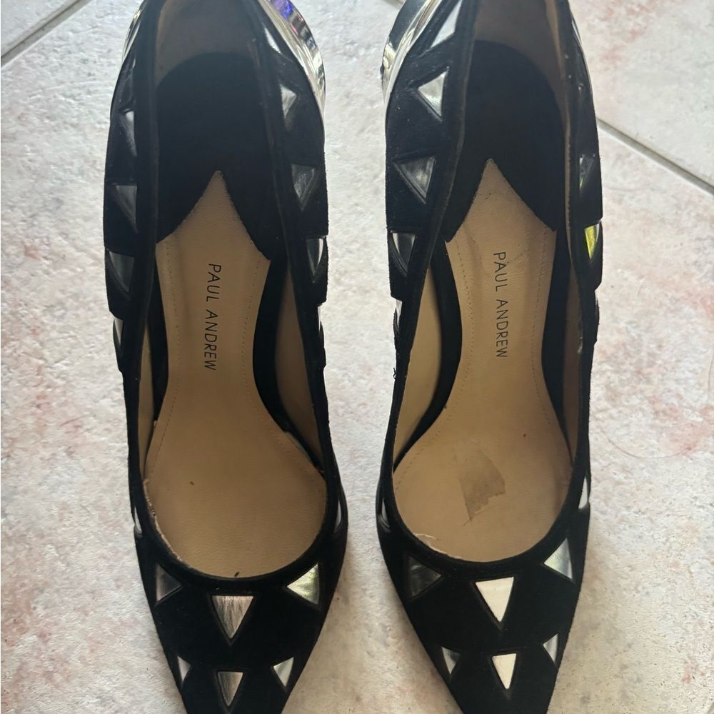 Paul Andrew Chrysler building heels chrome shell layered shoes triangle pumps - Picture 5 of 7